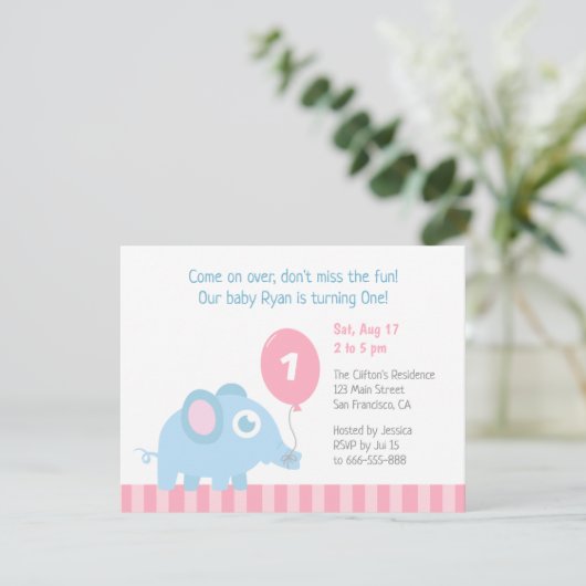 バルーンキッズ付き可愛い象ファースト誕生日 招待状 (スタンド正面)