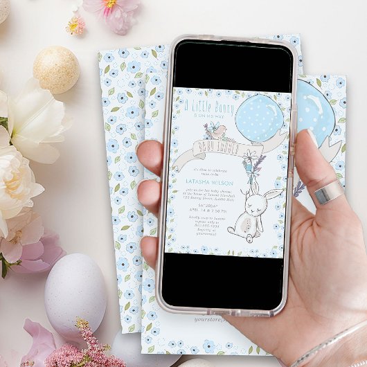 バルーンキュートな男の子の赤ちゃんシャワー付きリトルバニー 招待状