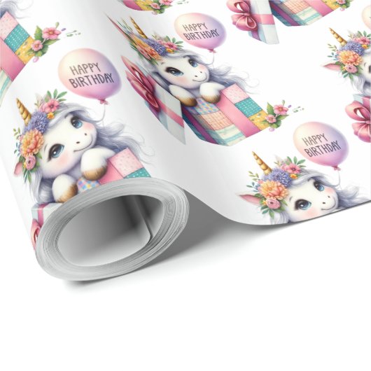 バルーンギフトボックス誕生日かわいいユニコーン ラッピングペーパー (ロールコーナー)