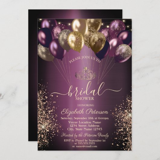 バルーングリッターダークパープルブライダルシャワー 招待状 (正面/裏面)