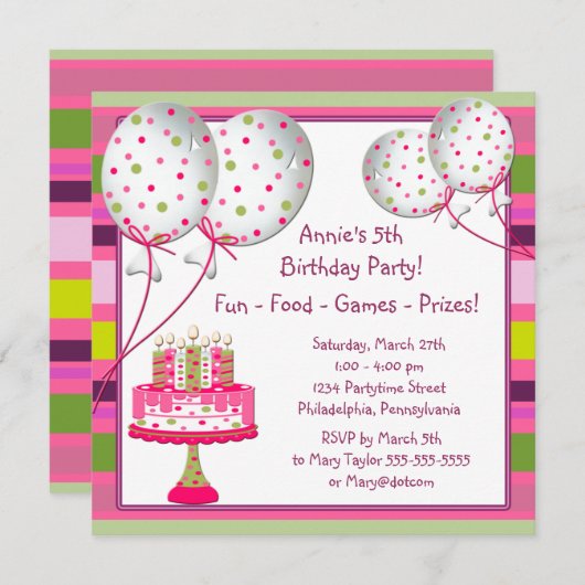 バルーンケーキガールズ4th誕生日パーティー 招待状 (正面/裏面)