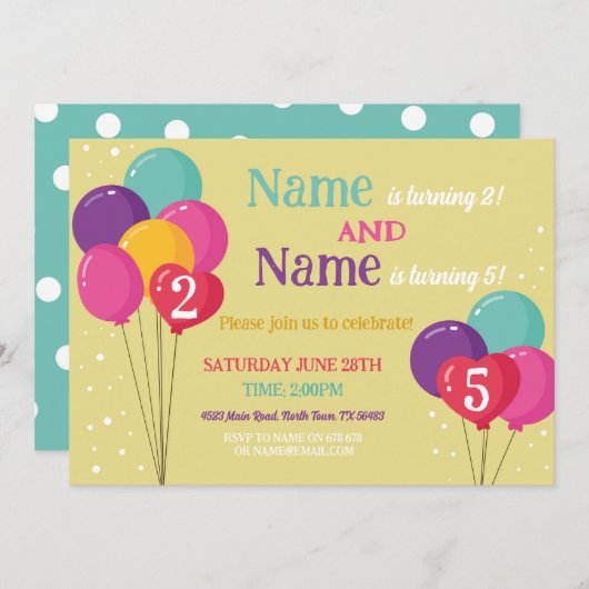 バルーンシェアバースデーパーティー紙吹雪ボーイガールズ 招待状 (正面/裏面)