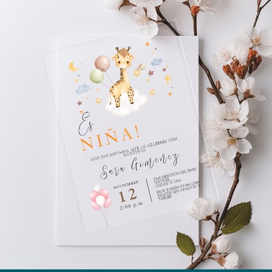 バルーンスペインの付きベビーガールシャワーキリン アクリル招待状