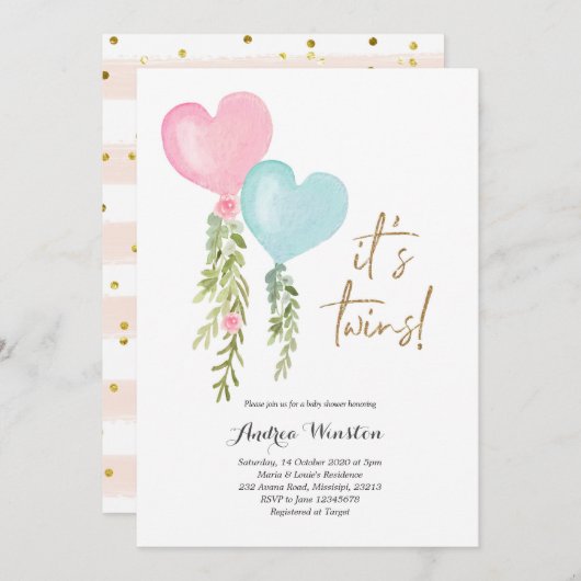 バルーンツインボーイガールベビーシャワー招待状 招待状 (正面/裏面)