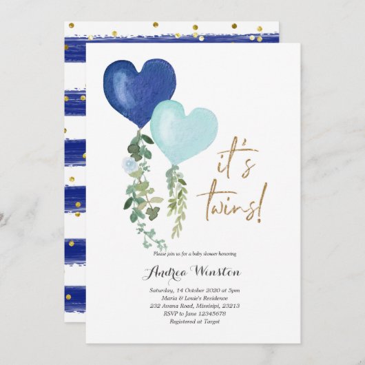 バルーンツインボーイベビーシャワー招待状 招待状 (正面/裏面)