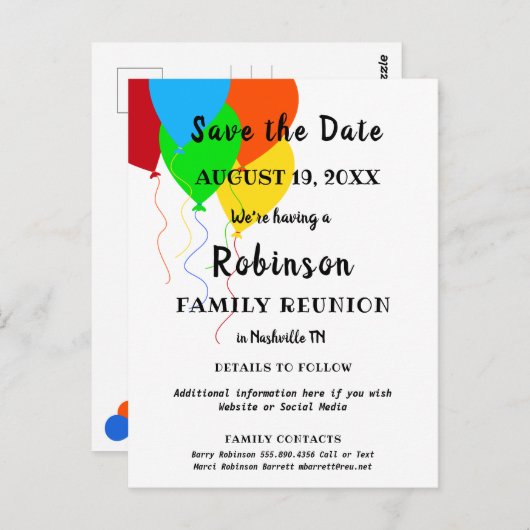 バルーンデザインおもしろいファミリ懇親会日付を保存 ポストカード (正面/裏面)