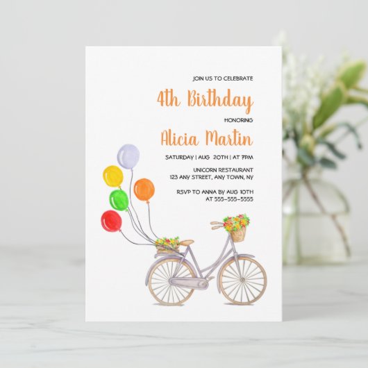 バルーンバスケットフラワーサイクリング任意の年齢誕生日 招待状 (スタンド正面)