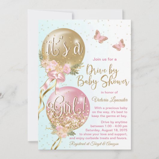 バルーンバタフライが赤ちゃんシャワーでドライブ 招待状 (正面)