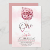 バルーンバタフライピンクファーストバースデーパーティーガール 招待状 (正面/裏面)