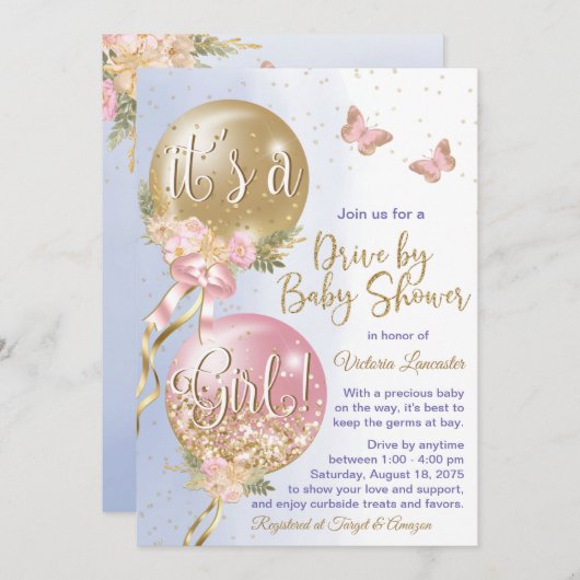 バルーンバタフライ赤ちゃんシャワーで妊娠駆動 招待状 (正面/裏面)