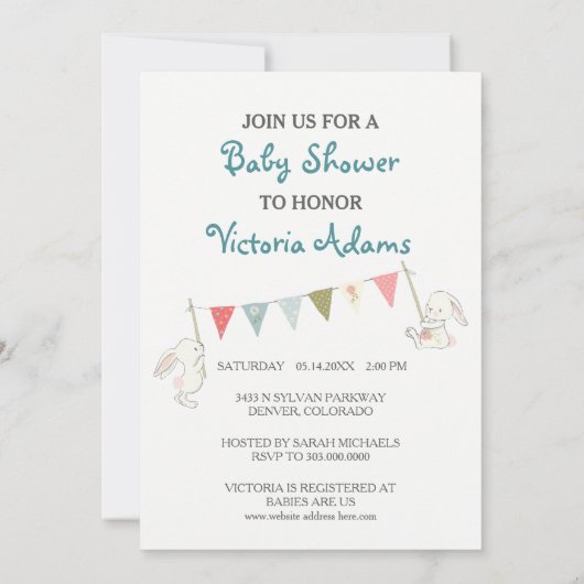 バルーンバニお洒落ーうさぎたち赤ちゃんシャワー 招待状 (裏面)