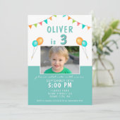 バルーンバント国旗の青い写真の誕生日パーティー 招待状 (スタンド正面)