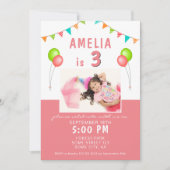 バルーンバント国旗ピンクの写真の誕生日パーティー 招待状 (正面)