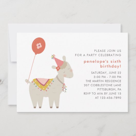 バルーンバースデーパーティーが開催されたかわいいラマ 招待状 (正面)