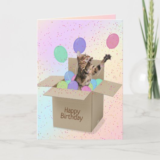 バルーンバースデー付き箱入りベンガル猫 カード (正面)
