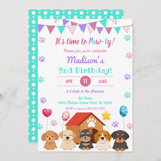 バルーンパピーガールポーティグリーンポイント誕生日 招待状 (正面/裏面)