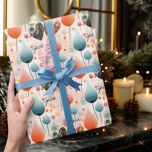 バルーンパーソナライズされたお祝い、写真と名前 ラッピングペーパー