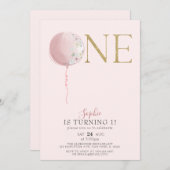 バルーンピンクと金ゴールドガールズ1歳の誕生日 招待状 (正面/裏面)