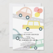 バルーンピンクの女の子が車で赤ちゃんシャワー 招待状 (正面)