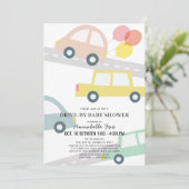 バルーンピンクの女の子が車で赤ちゃんシャワー 招待状 (スタンド正面)