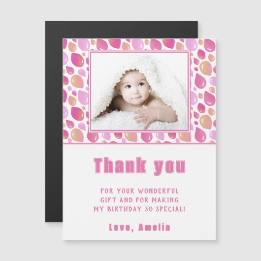 バルーンピンクガールの写真誕生日ありがとう磁石 (正面/裏面)