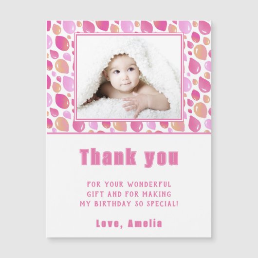 バルーンピンクガールの写真誕生日ありがとう磁石 (正面)