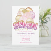 バルーンピンクパープル金ゴールド第7誕生日招待状 招待状 (スタンド正面)