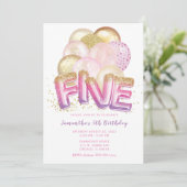バルーンピンクパープル金ゴールド5誕生日招待状 招待状 (スタンド正面)