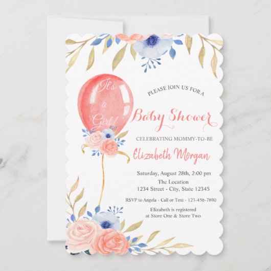 バルーンフラワーズ水玉模様ベビーシャワー 招待状 (正面)