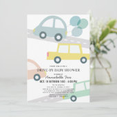 バルーンブルーの男の子が車で赤ちゃんシャワー 招待状 (スタンド正面)