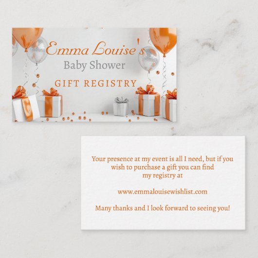 バルーンベビーシャワーオレンジギフトレジストリ エンクロージャーカード (正面/裏面)