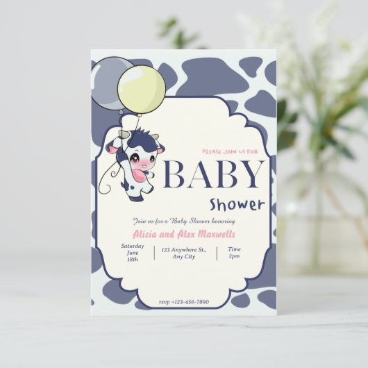 バルーンベビーシャワー付きダークブルーの黄色い牛 招待状 (スタンド正面)