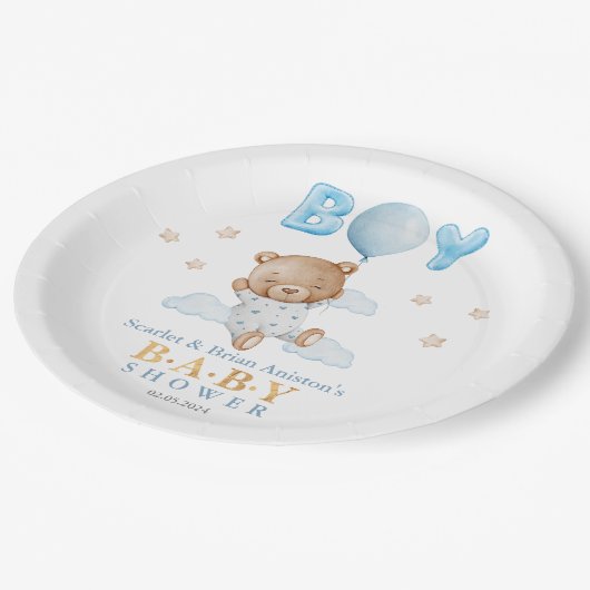 バルーンベビーシャワー付きブルーテディベア ペーパープレート (アングル)