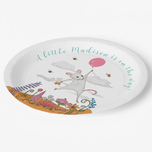 バルーンベビーシャワー付き可愛い白いベビーマウス ペーパープレート (アングル)