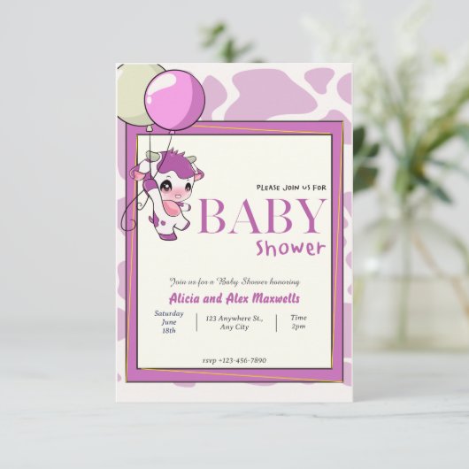 バルーンベビーシャワー付き紫色のピンクの牛 招待状 (スタンド正面)
