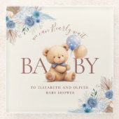 バルーンボホブルーバラベビーシャワー付きテディベア ガラスコースター (正面)