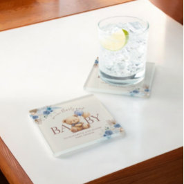 バルーンボホブルーバラベビーシャワー付きテディベア ガラスコースター