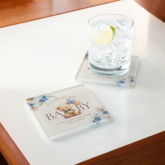 バルーンボホブルーバラベビーシャワー付きテディベア ガラスコースター