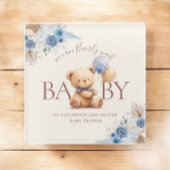 バルーンボホブルーバラベビーシャワー付きテディベア ガラスコースター