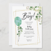 バルーンボーイ水彩緑の赤ちゃんシャワー 招待状 (正面)