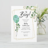 バルーンボーイ水彩緑の赤ちゃんシャワー 招待状 (スタンド正面)