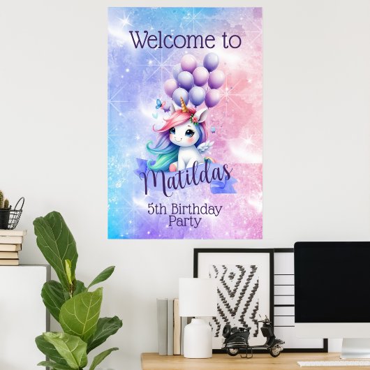 バルーンポスター付き美しい一角獣ウェルカムサイン ポスター (ホームオフィス)