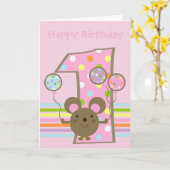 バルーンマウスピンクハッピー1歳の誕生日カード カード (黄色い花)