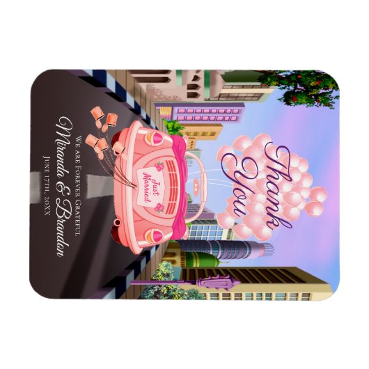 バルーンモダン付きピンクの漫画カーありがとう マグネット (横)