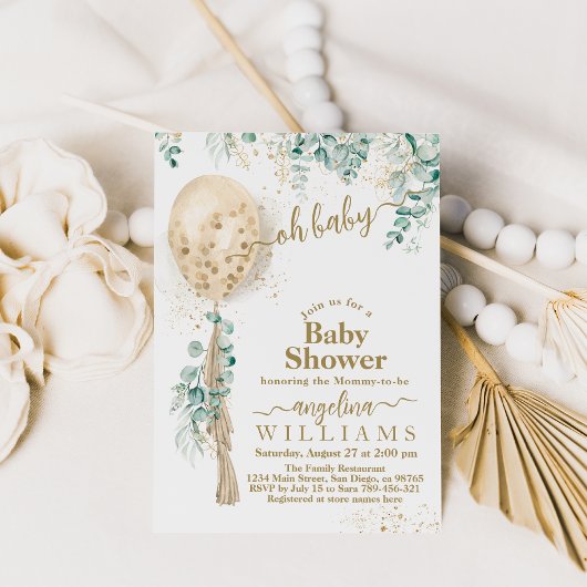 バルーンユーカリ葉金ゴールドベビーシャワー 招待状