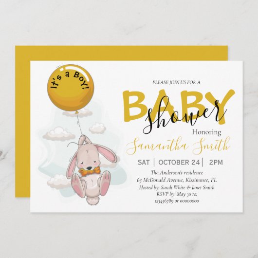 バルーンラビットボーイ赤ちゃんシャワーのお知らせ 案内状 (正面/裏面)