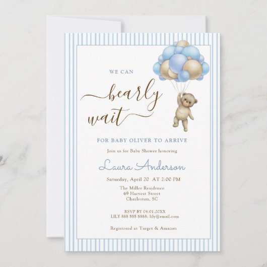 バルーン付きかわいいクマ青い男の子の赤ちゃんシャワー 招待状 (正面)