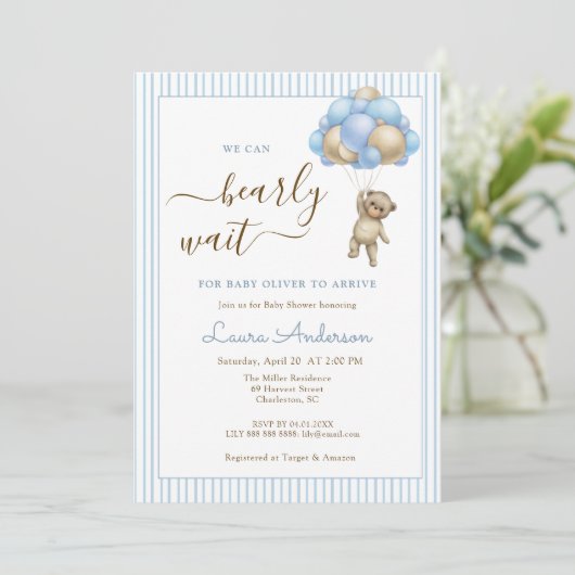 バルーン付きかわいいクマ青い男の子の赤ちゃんシャワー 招待状 (スタンド正面)