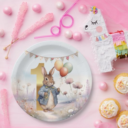 バルーン付きウサギのピーター最初の誕生日 ペーパープレート (パーティー)