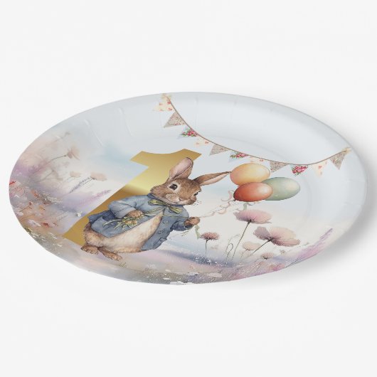 バルーン付きウサギのピーター最初の誕生日 ペーパープレート (アングル)